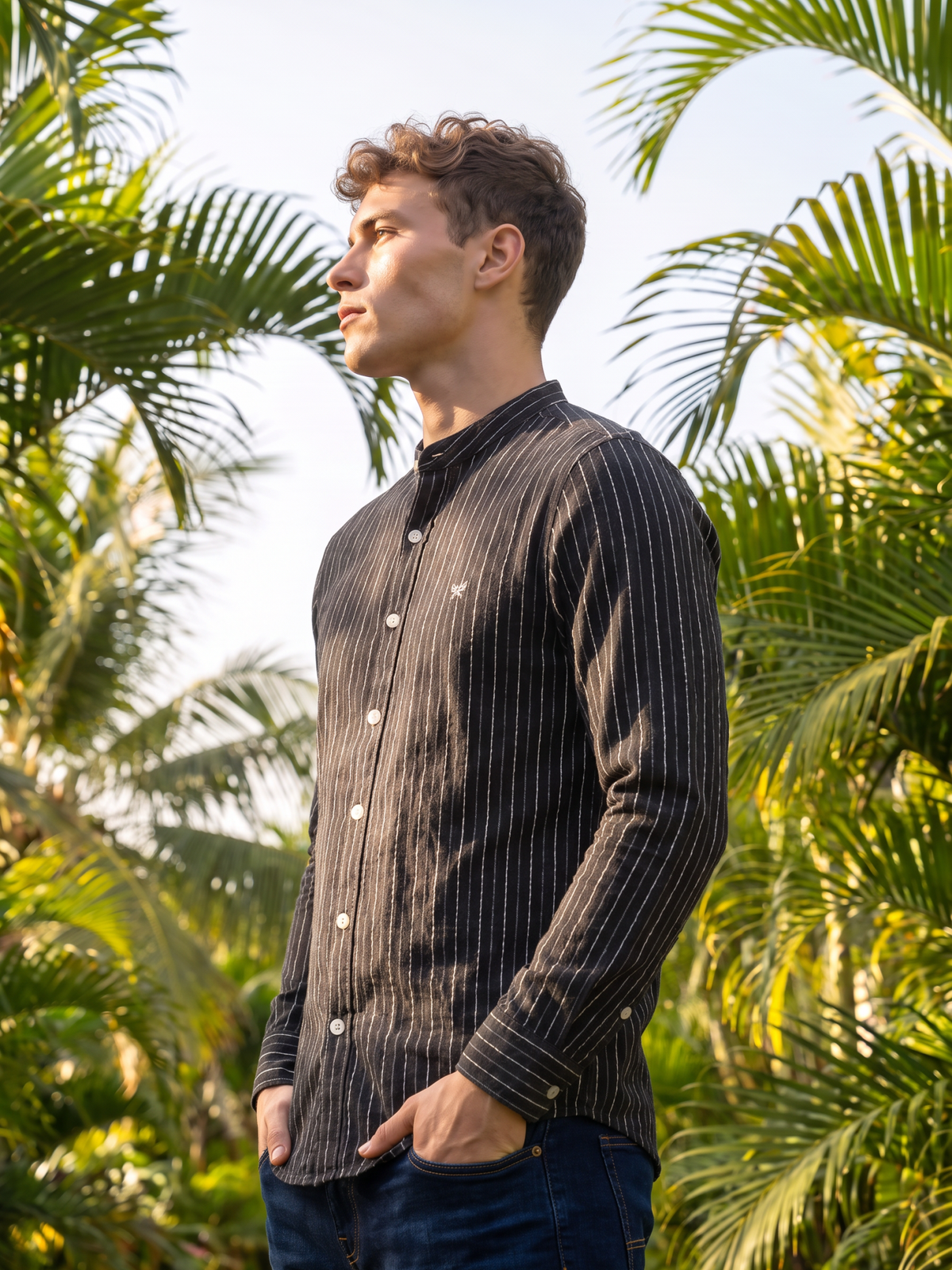 Men's Black Vertical Striped Mandarin Collar Casual Shirt