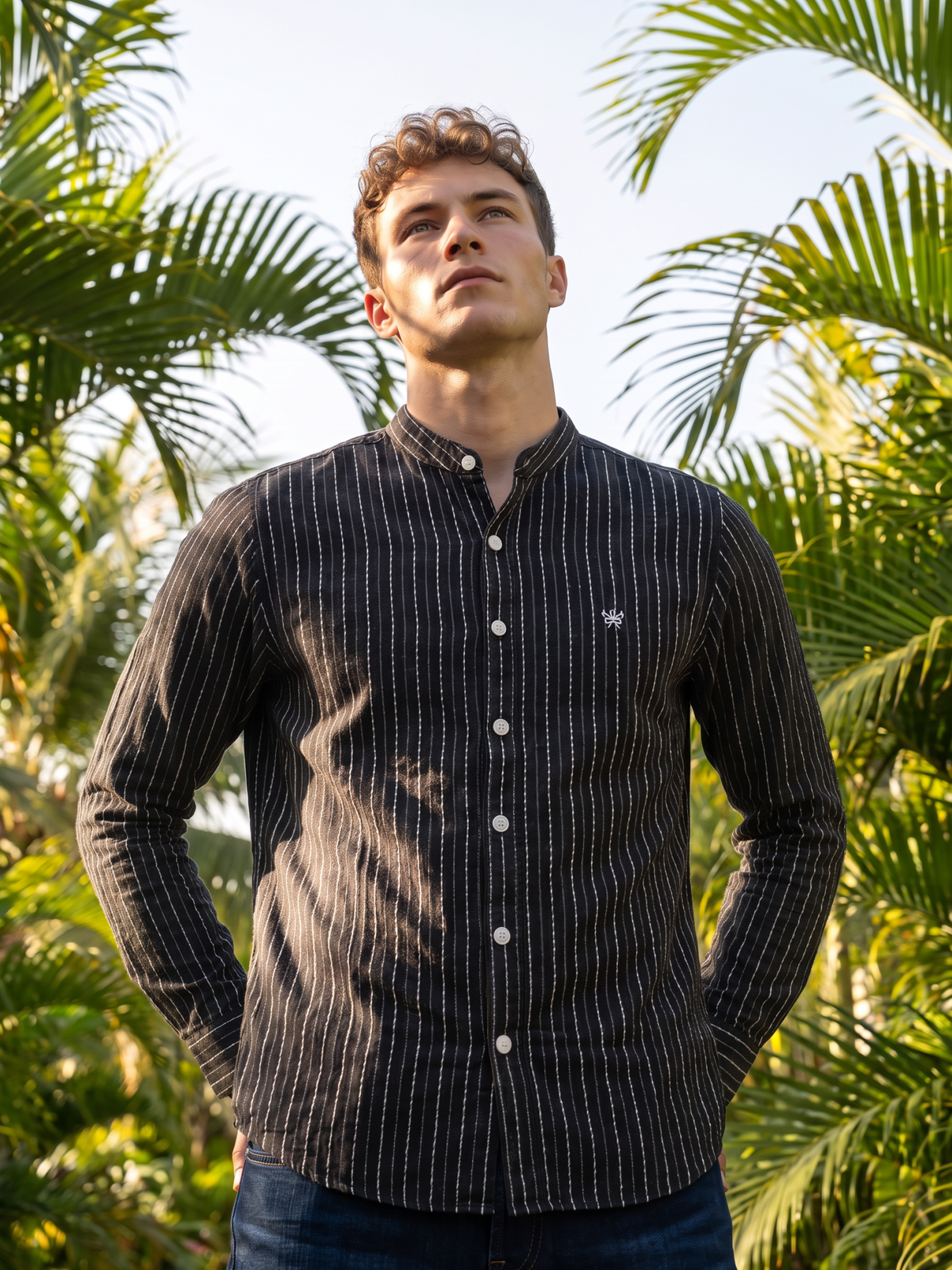 Men's Black Vertical Striped Mandarin Collar Casual Shirt