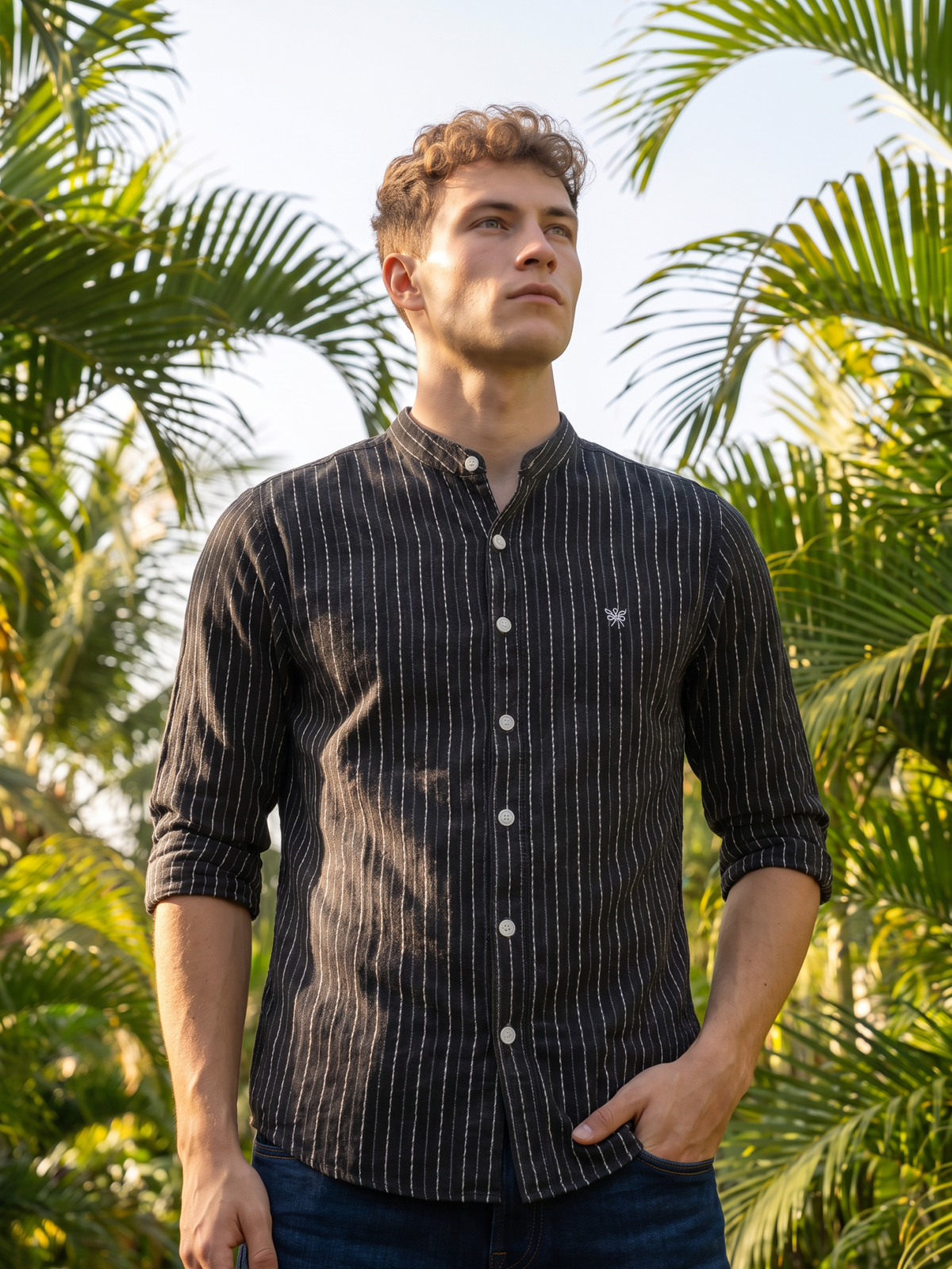 Men's Black Vertical Striped Mandarin Collar Casual Shirt