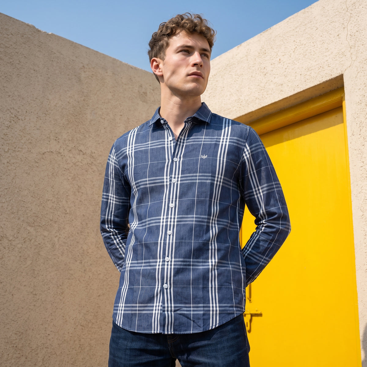 Men's Blue Grid Check Casual Shirt