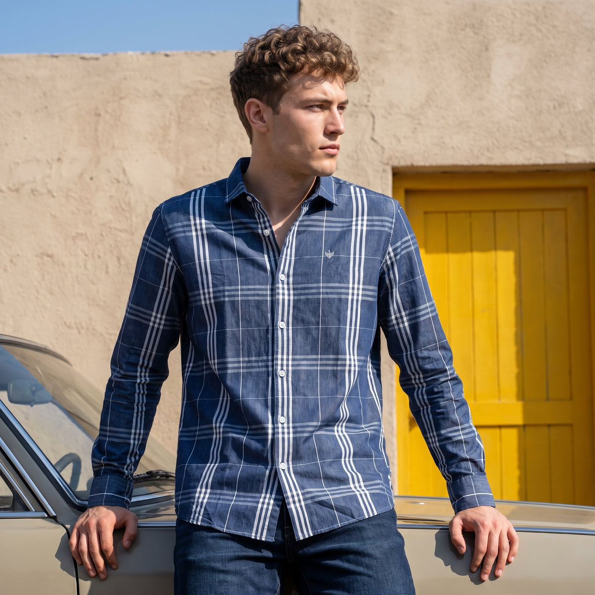Men's Blue Grid Check Casual Shirt