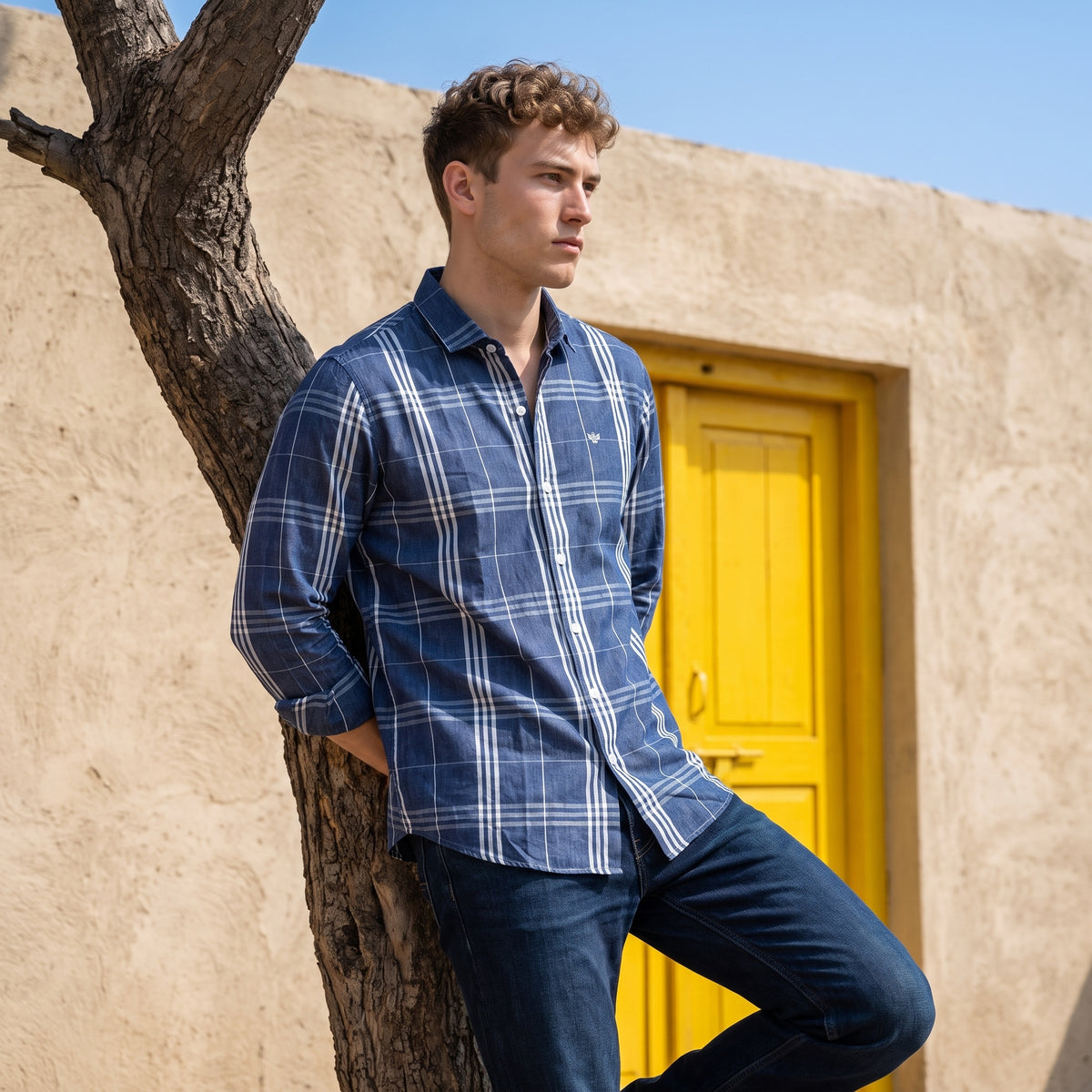 Men's Blue Grid Check Casual Shirt