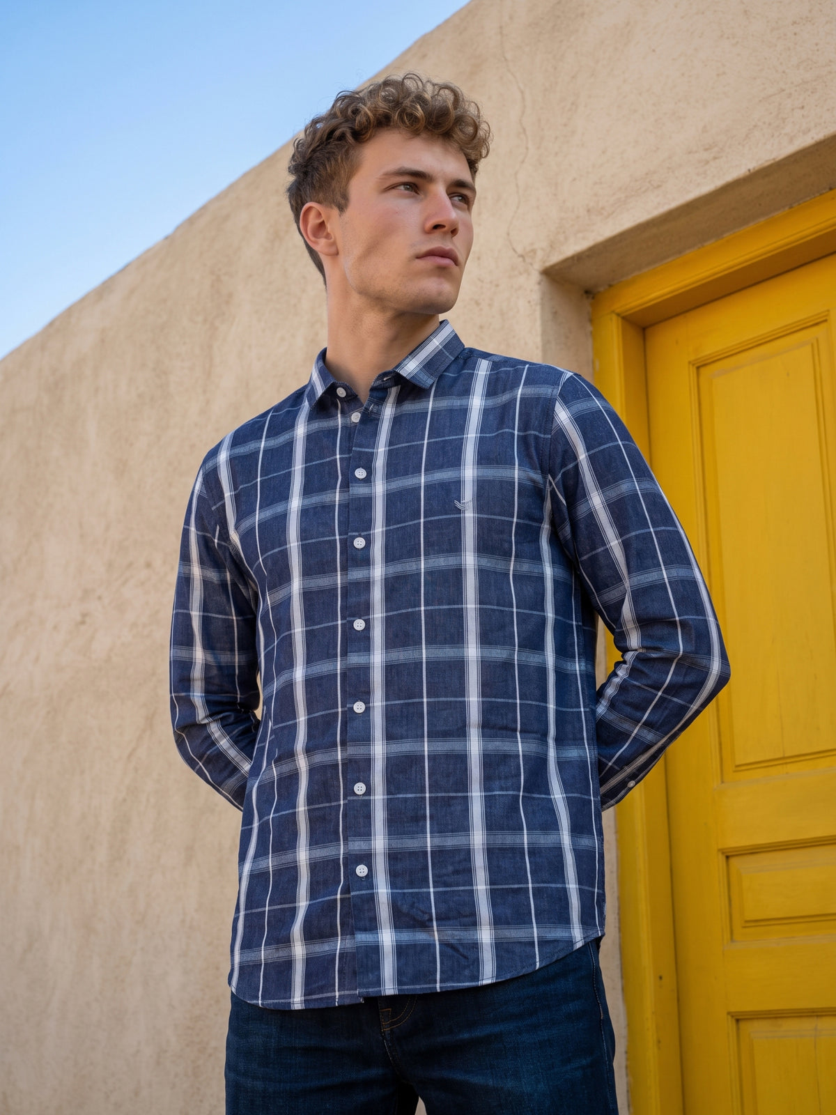 Men's Blue Grid Check Casual Shirt