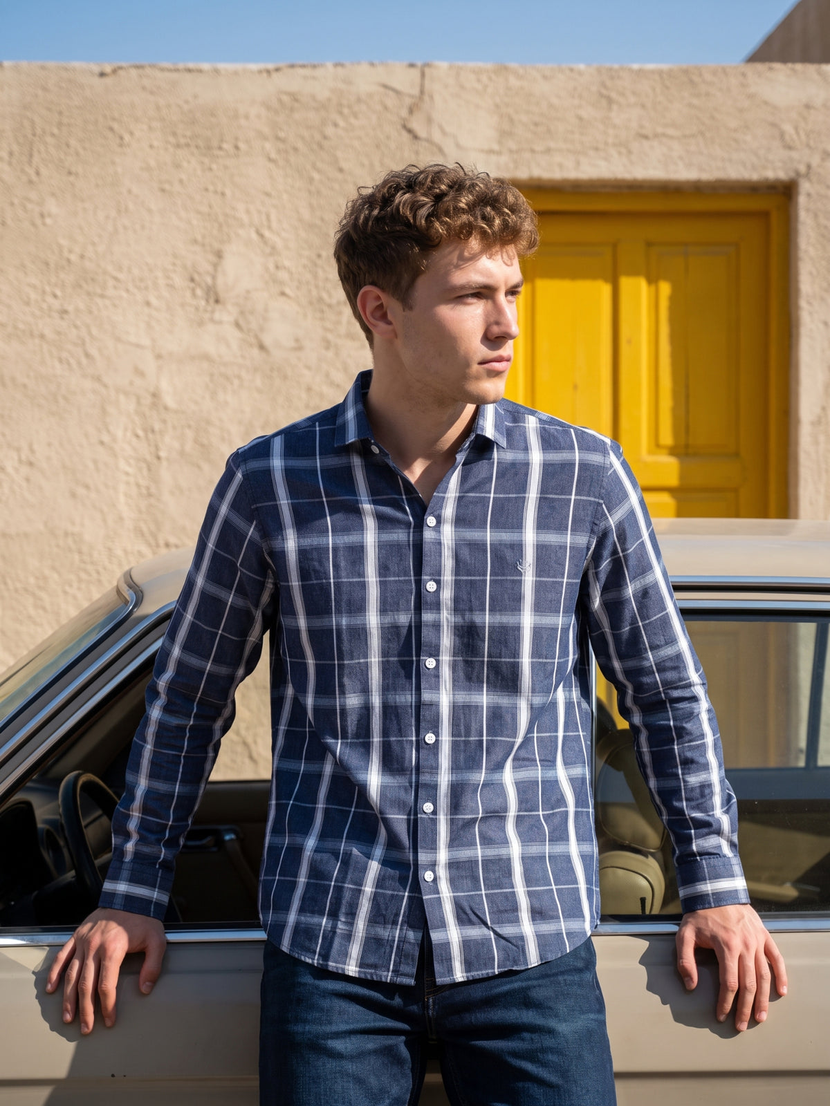 Men's Blue Grid Check Casual Shirt