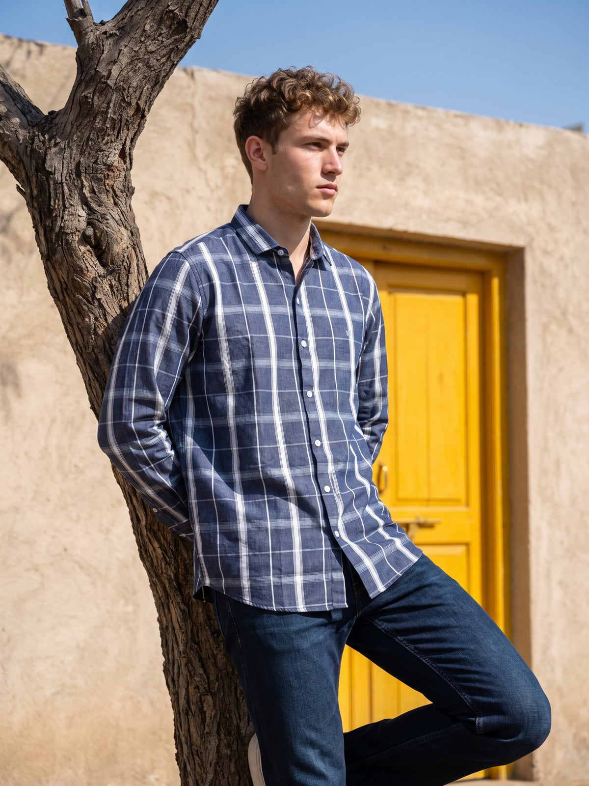 Men's Blue Grid Check Casual Shirt