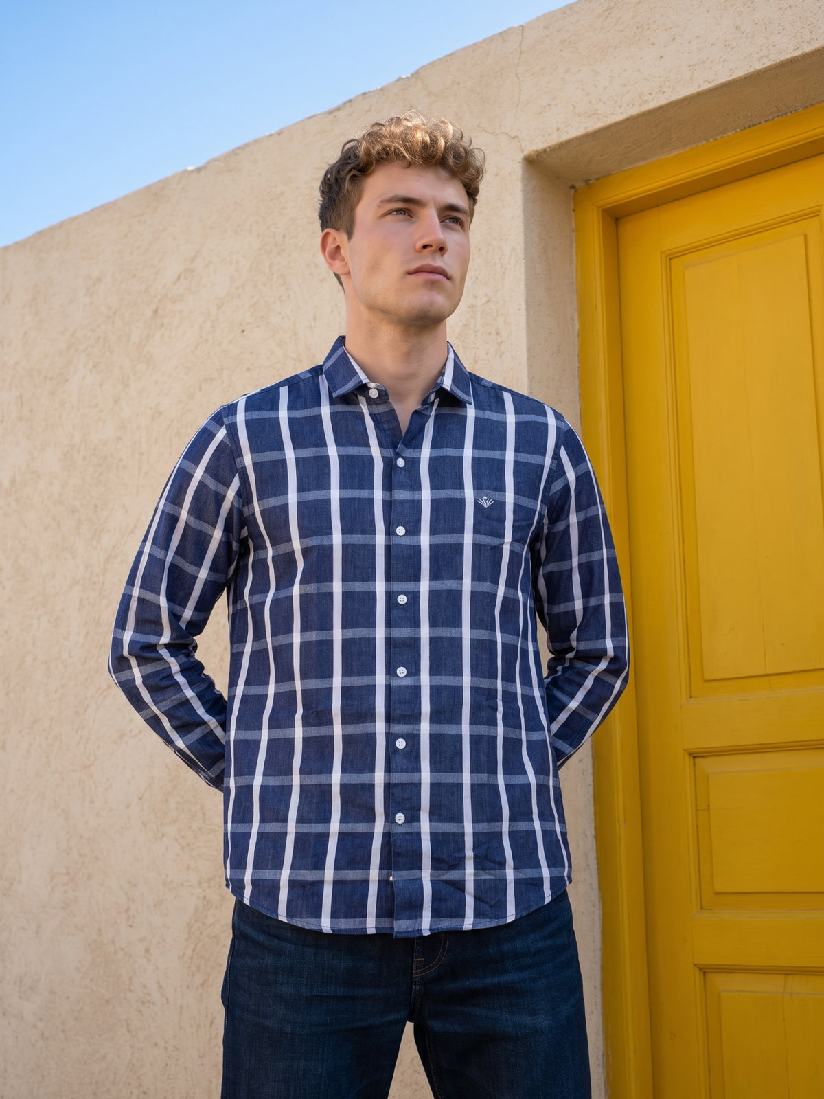 Men's Blue Grid Check Casual Shirt