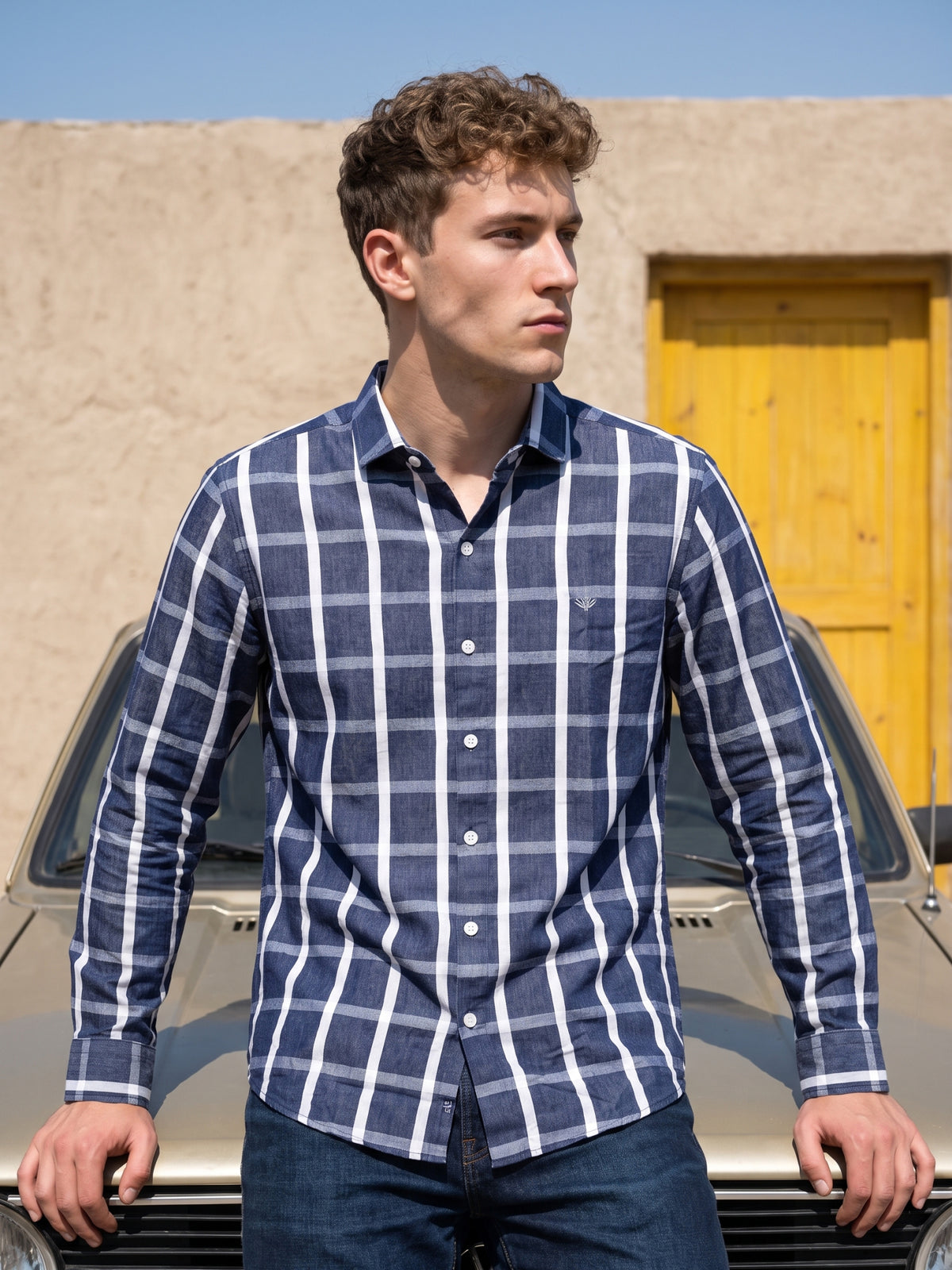 Men's Blue Grid Check Casual Shirt