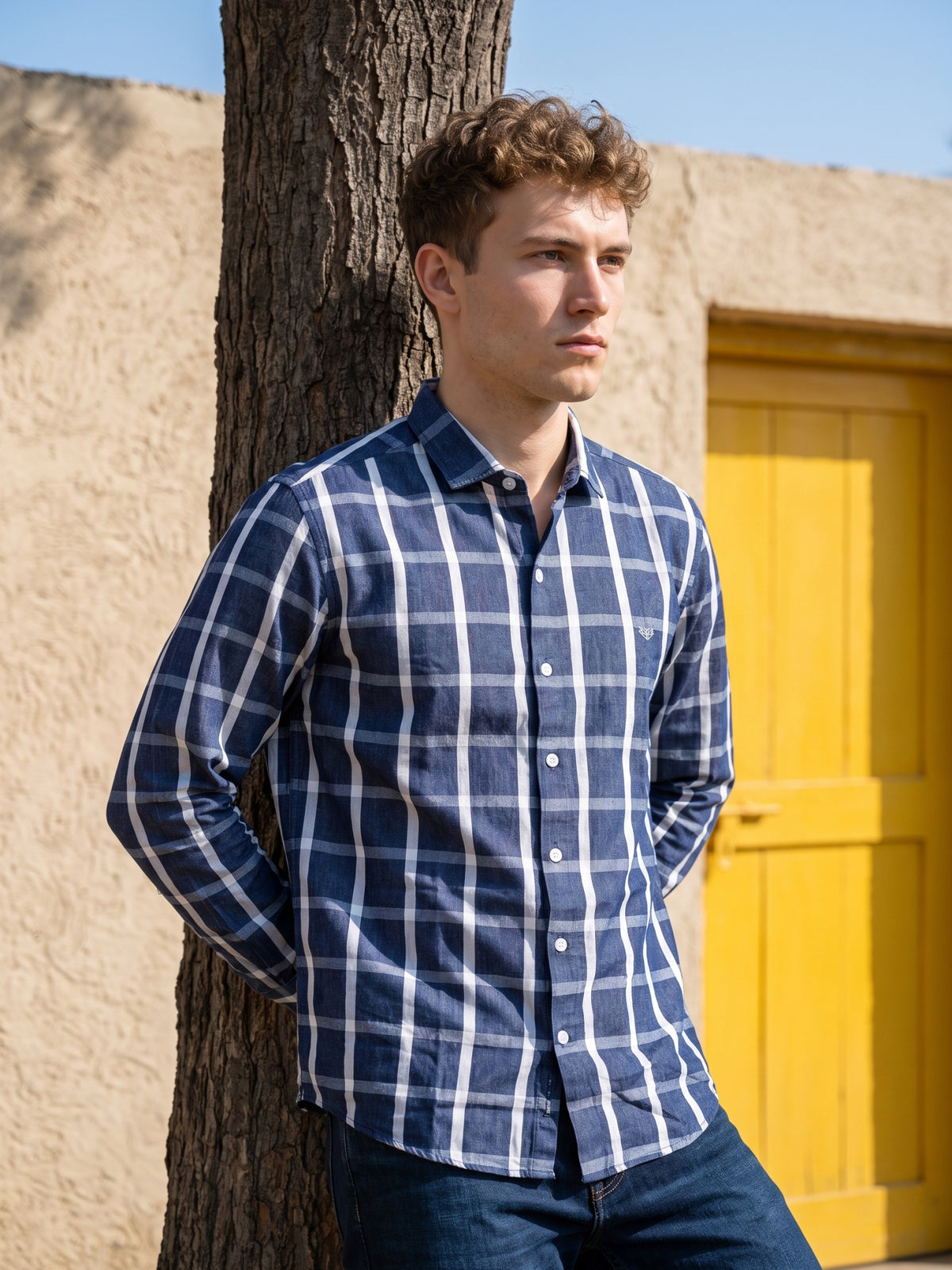 Men's Blue Grid Check Casual Shirt