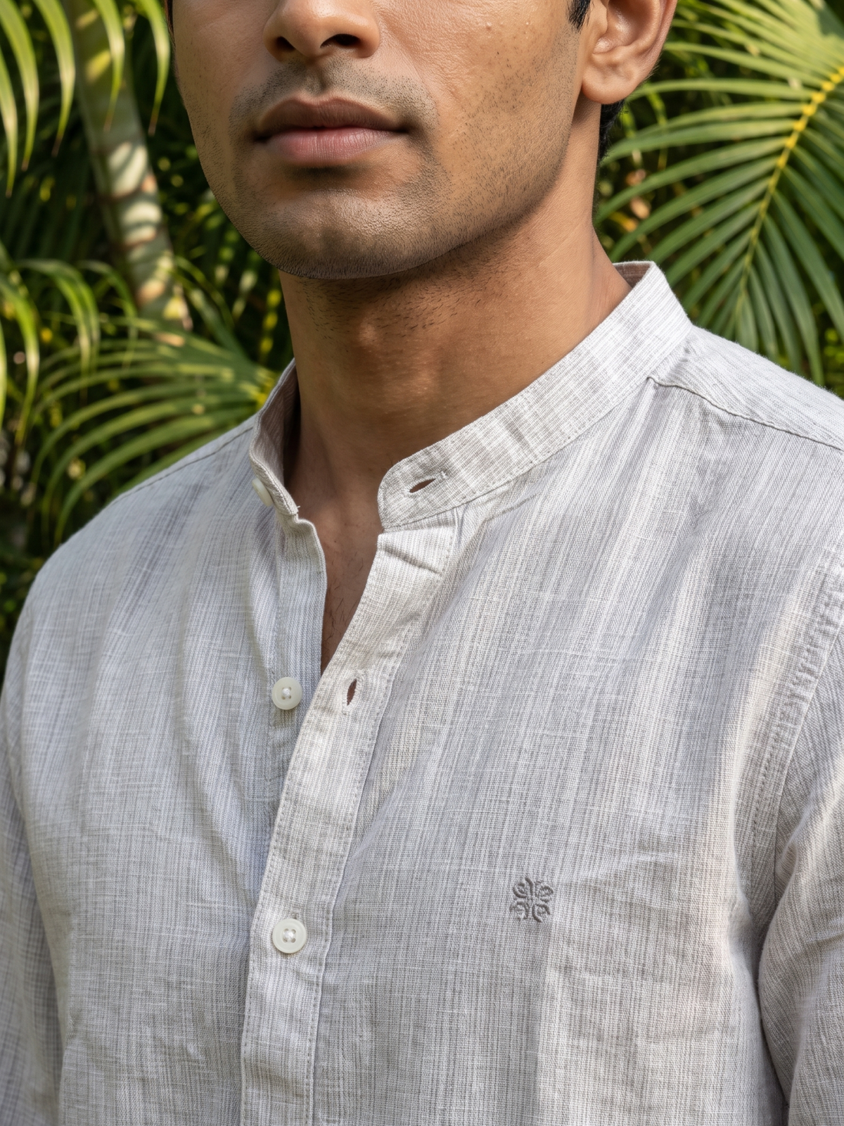 Men’s Textured Striped Mandarin Collar Shirt – Grey