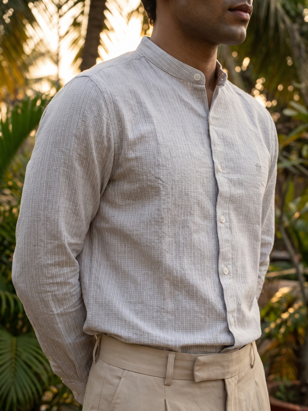 Men’s Textured Striped Mandarin Collar Shirt – Grey