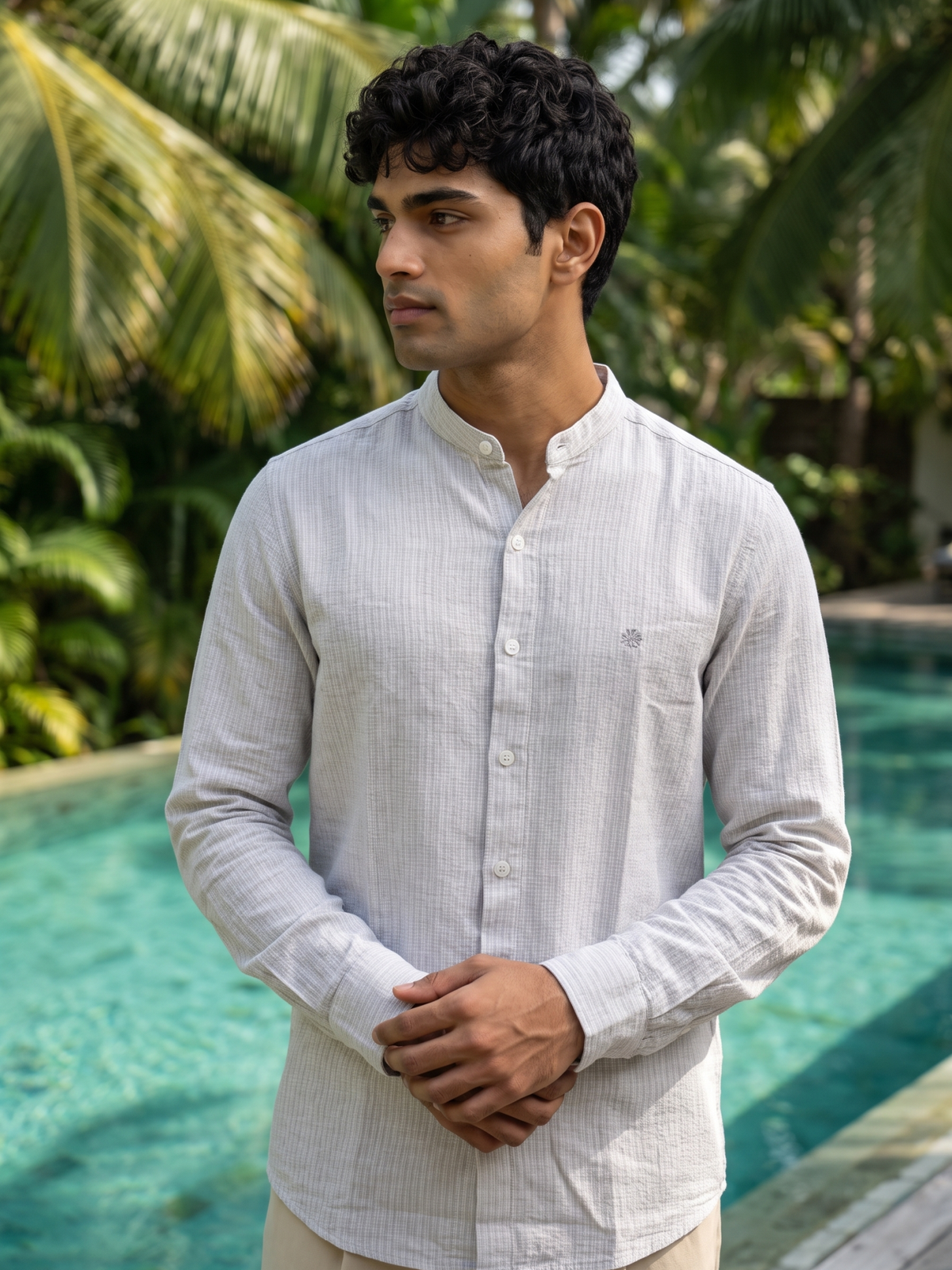 Men’s Textured Striped Mandarin Collar Shirt – Grey