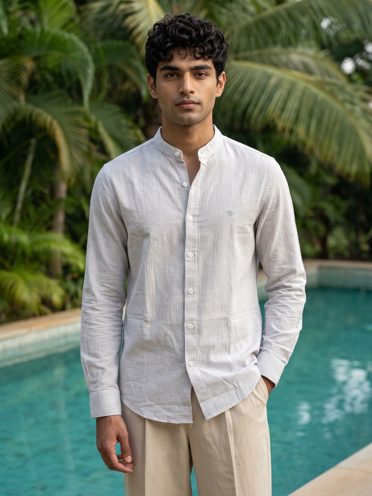 Men’s Textured Striped Mandarin Collar Shirt – Grey
