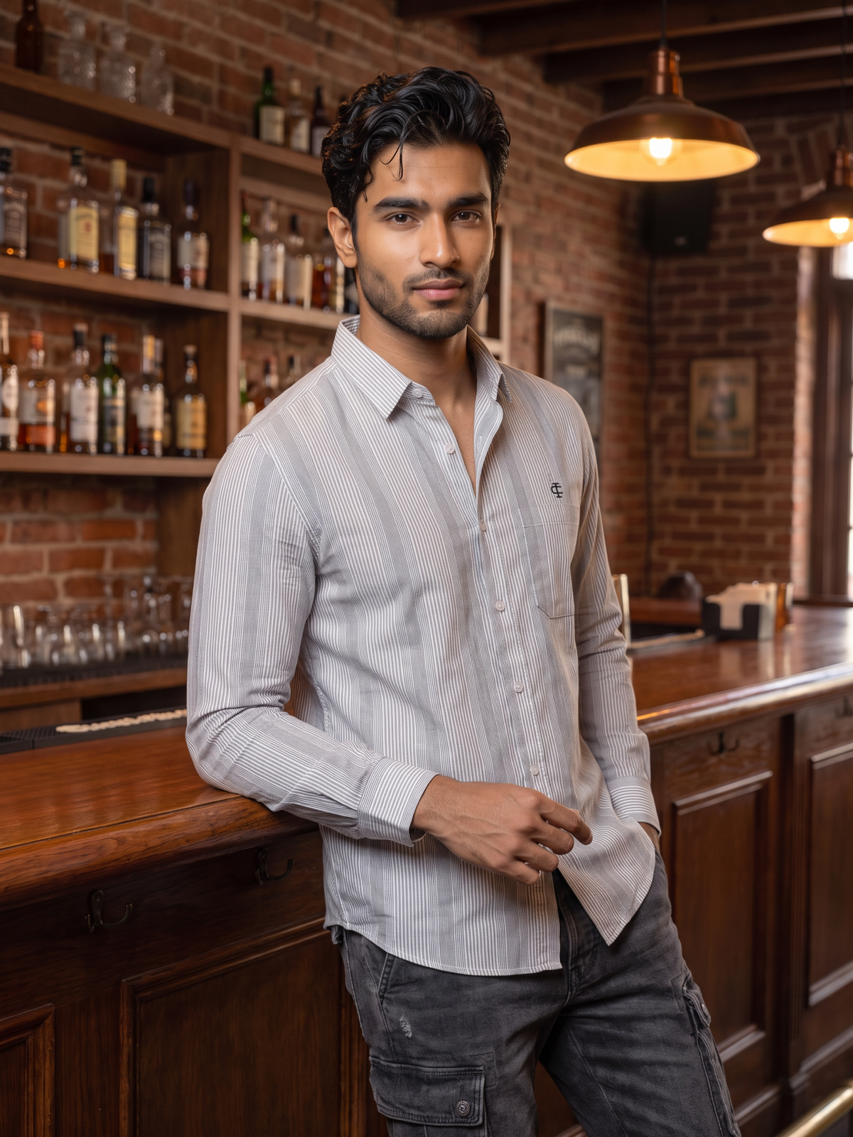 Men's White Fine Vertical Striped Shirt