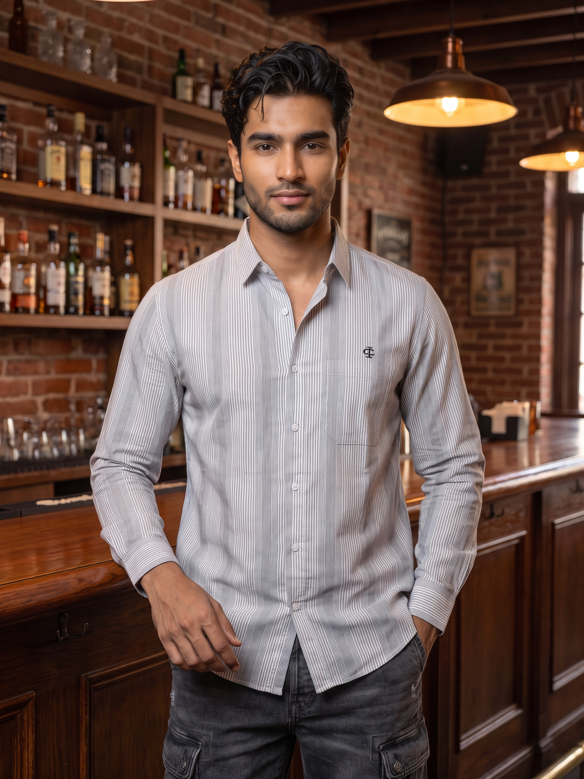 Men's White Fine Vertical Striped Shirt