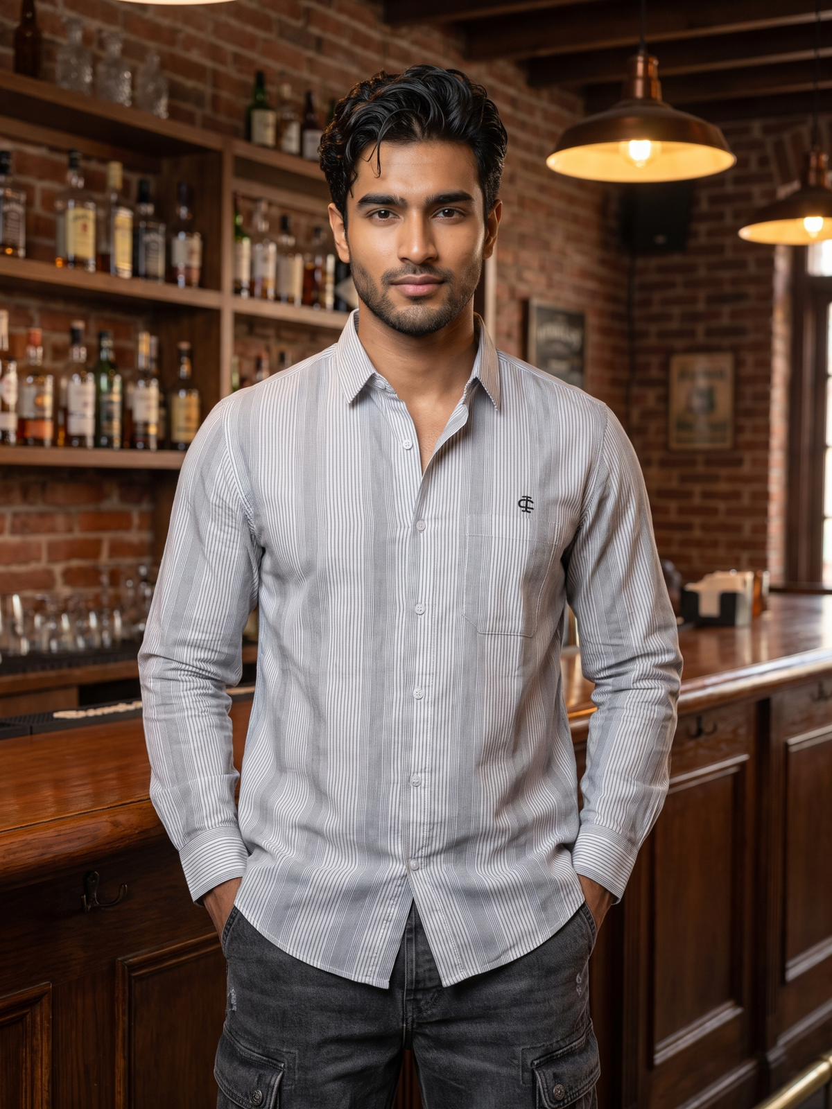 Men's White Fine Vertical Striped Shirt