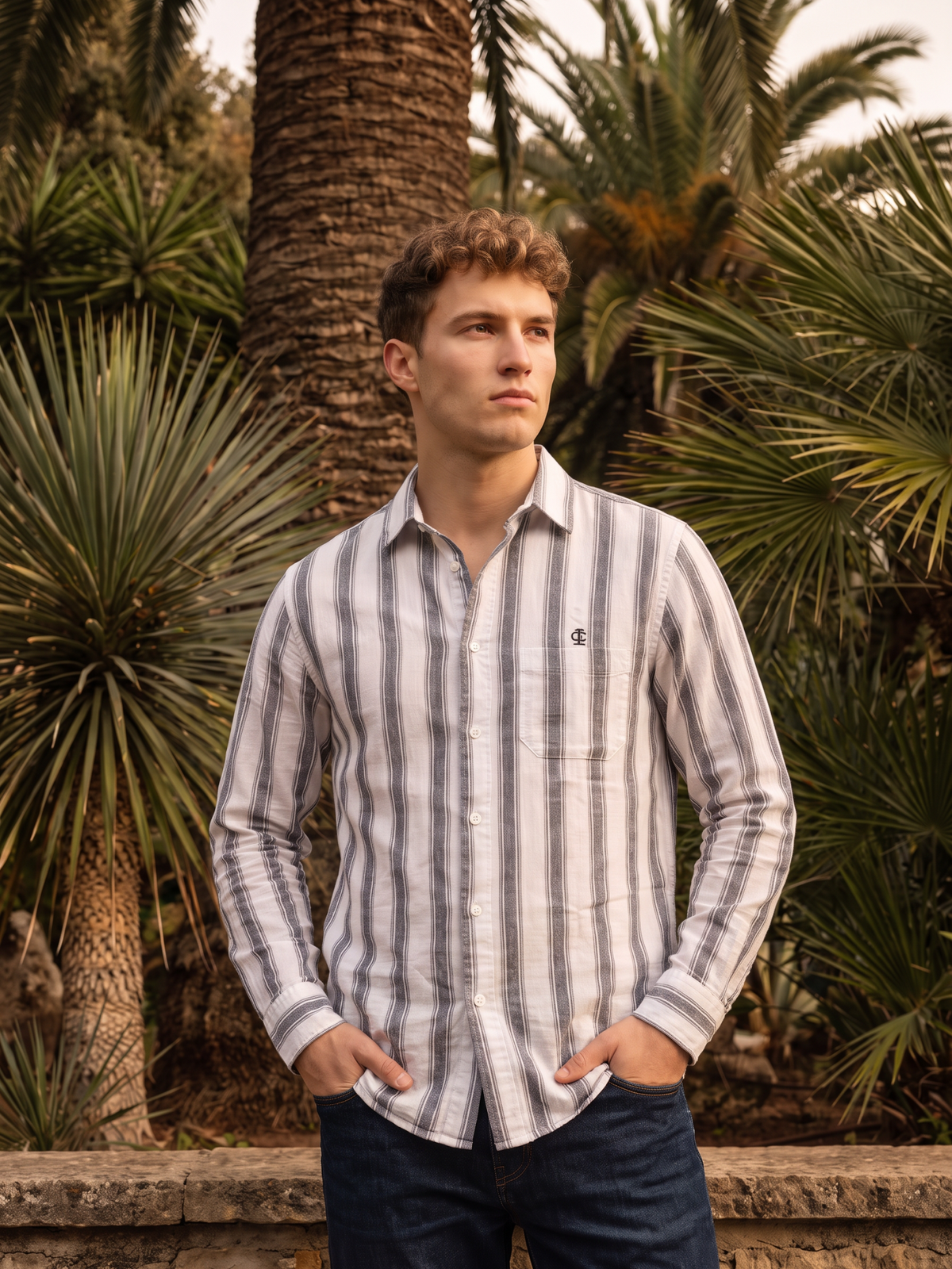 Men's White Vertical Striped Casual Cotton Shirt