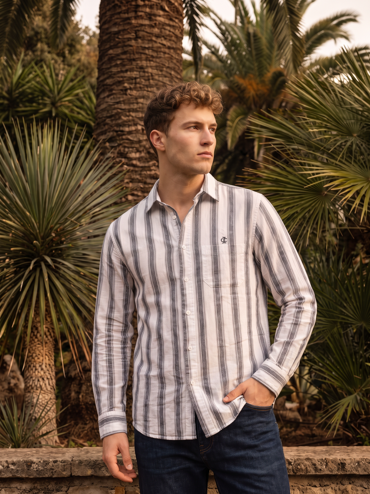 Men's White Vertical Striped Casual Cotton Shirt