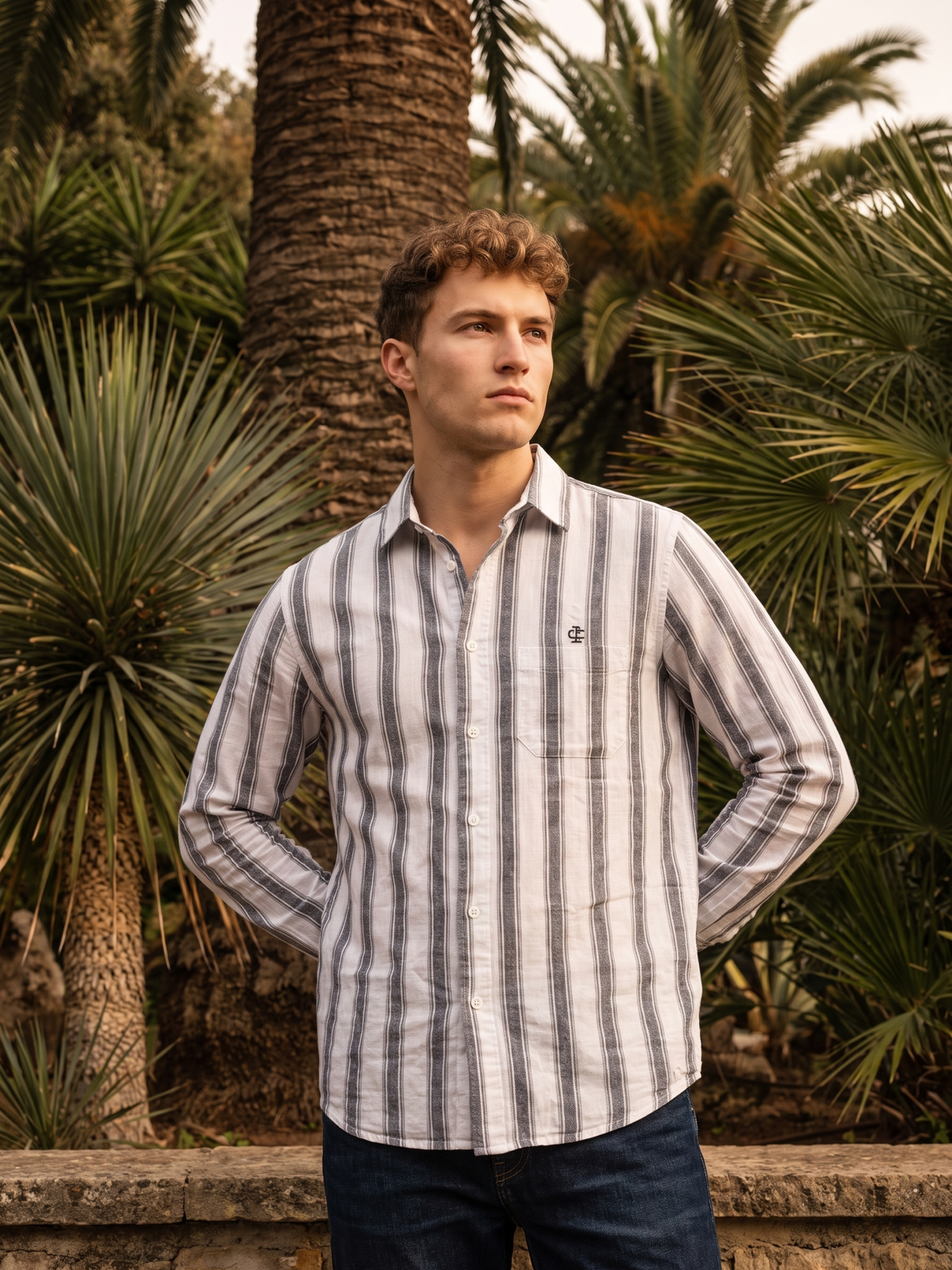 Men's White Vertical Striped Casual Cotton Shirt
