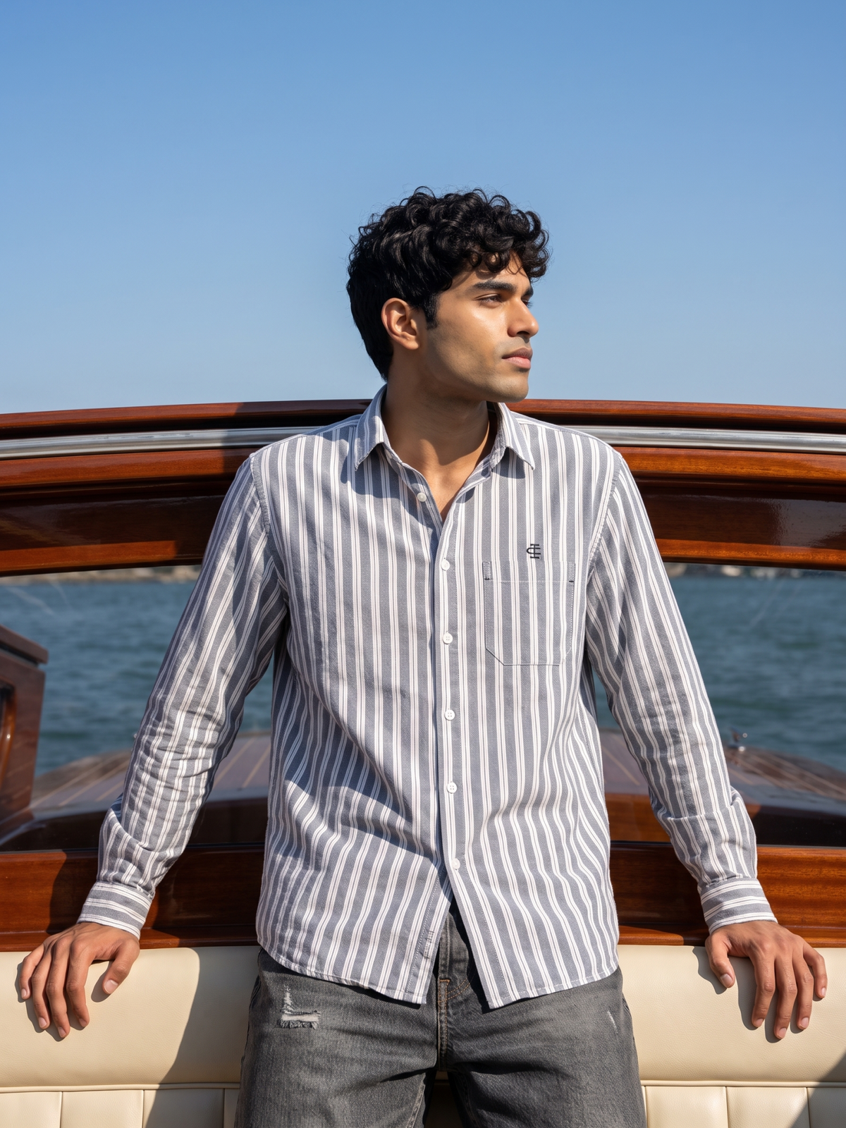 Men's Grey Vertical Striped Casual Shirt