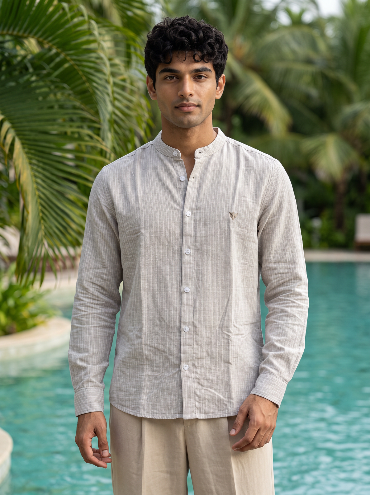 Men’s Textured Striped Mandarin Collar Shirt – Beige