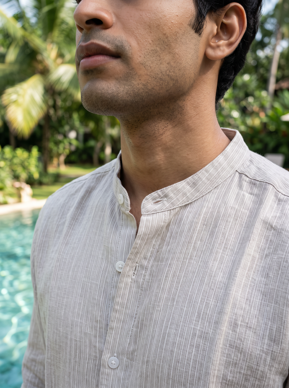 Men’s Textured Striped Mandarin Collar Shirt – Beige