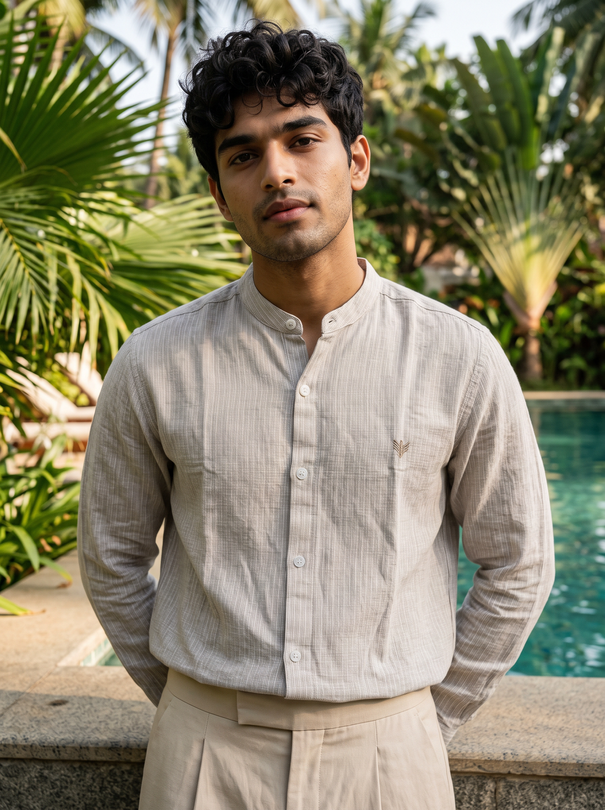 Men’s Textured Striped Mandarin Collar Shirt – Beige