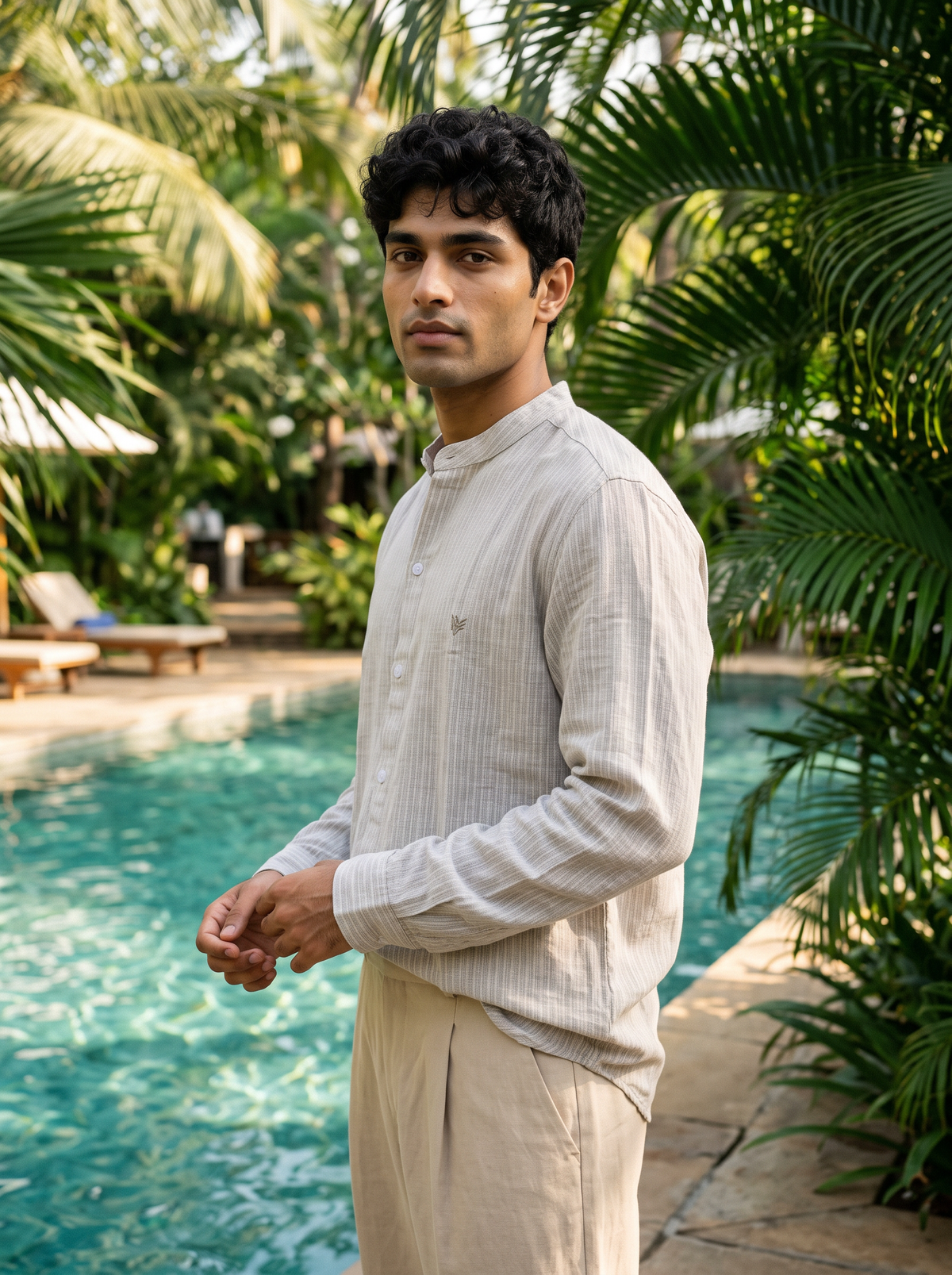 Men’s Textured Striped Mandarin Collar Shirt – Beige