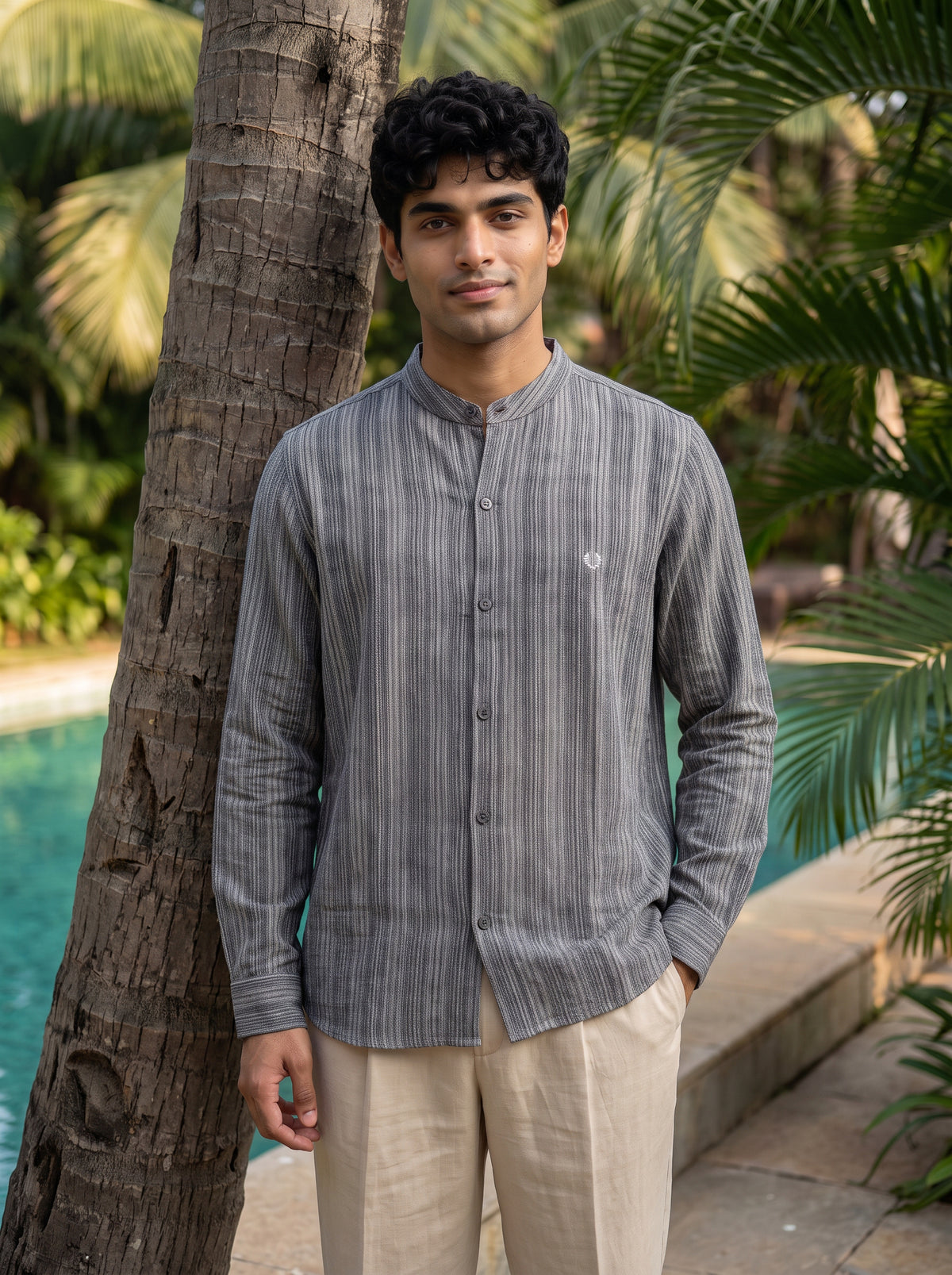 Men's Grey Striped Mandarin Collar Casual Shirt