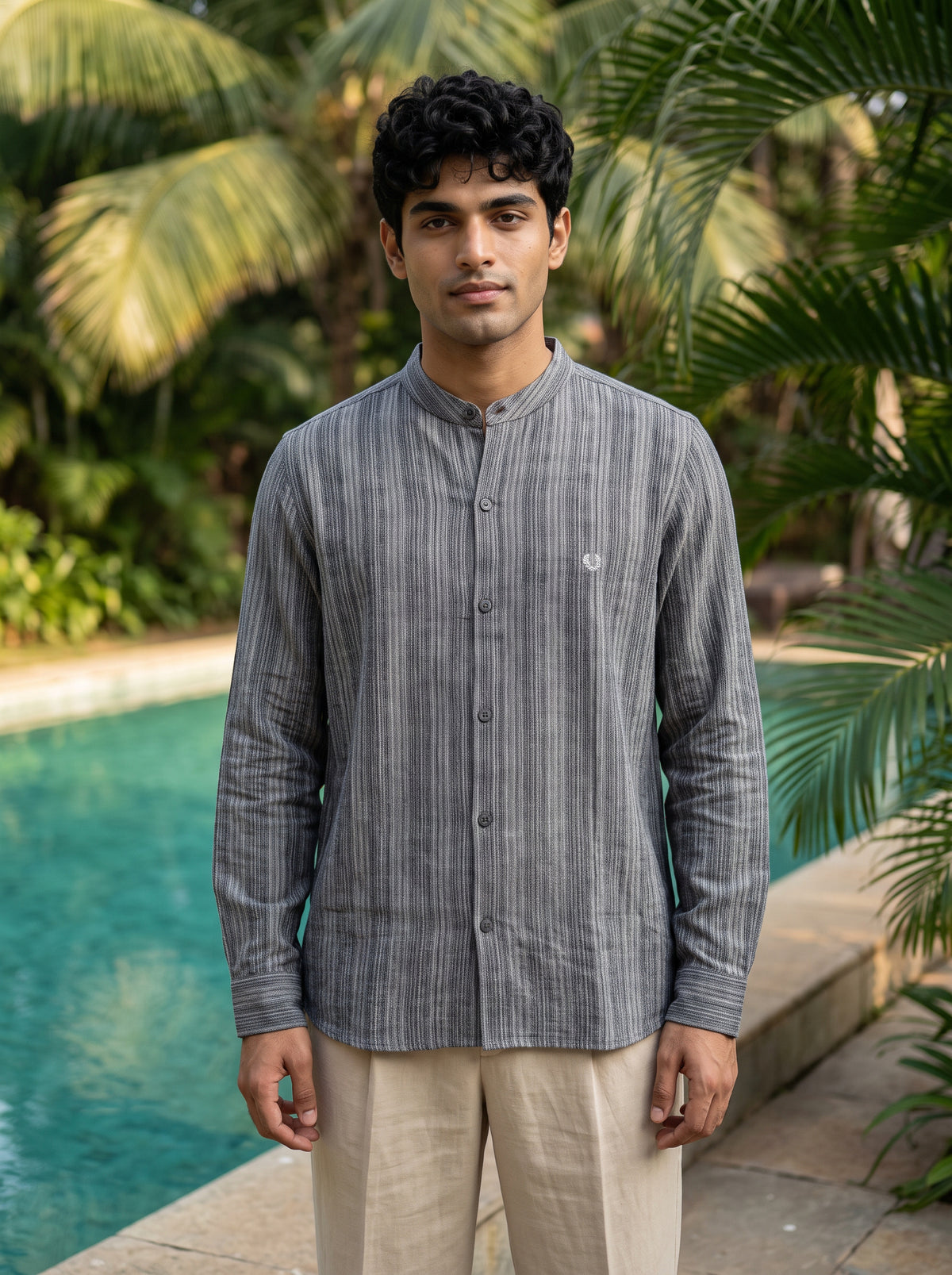 Men's Grey Striped Mandarin Collar Casual Shirt
