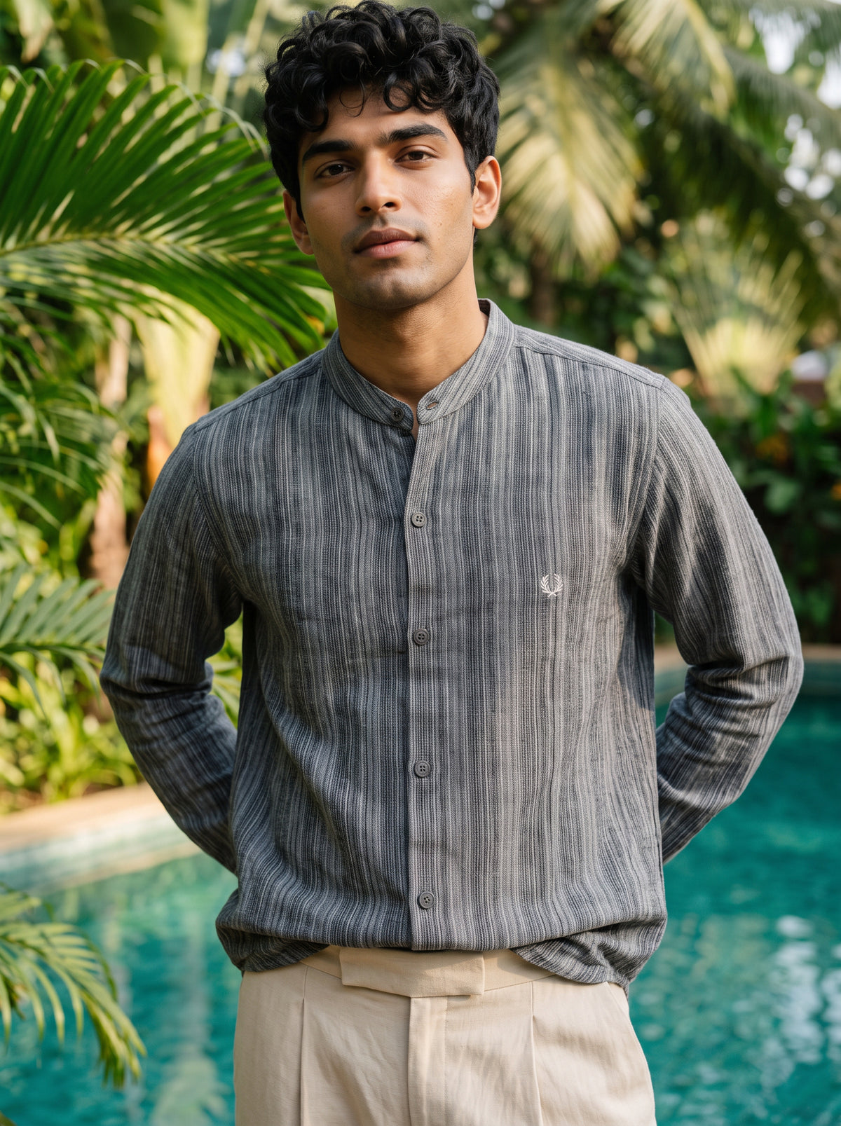 Men's Grey Striped Mandarin Collar Casual Shirt