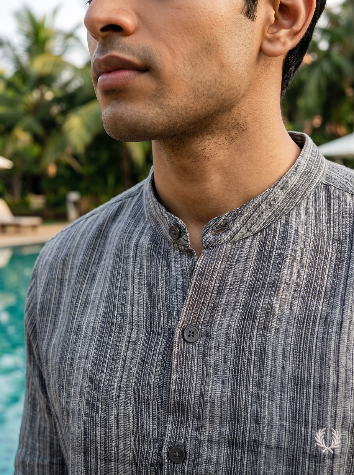 Men's Grey Striped Mandarin Collar Casual Shirt