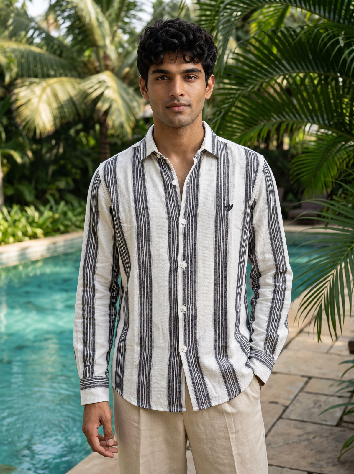 Men's White Vertical Striped Casual Cotton Shirt