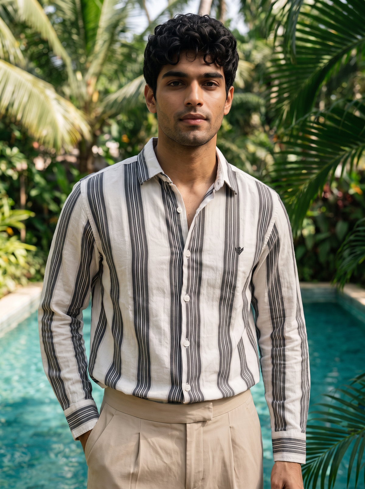 Men's White Vertical Striped Casual Cotton Shirt