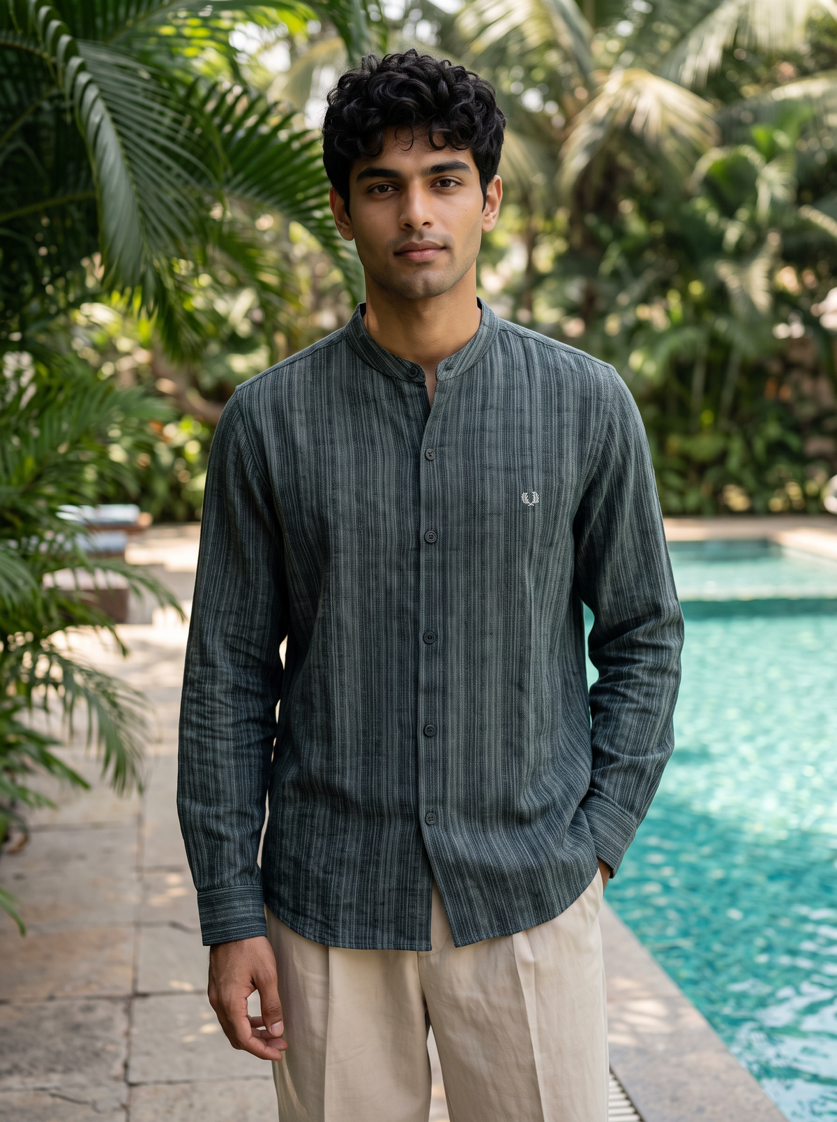 Men’s Textured Striped Mandarin Collar Shirt – Dark Teal