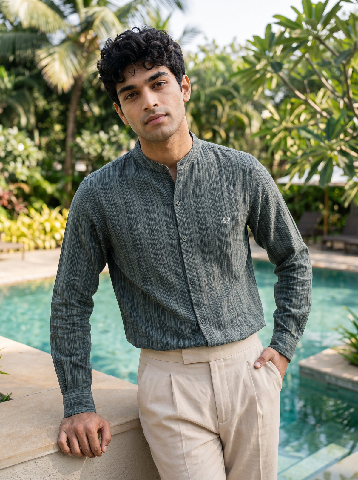 Men’s Textured Striped Mandarin Collar Shirt – Dark Teal