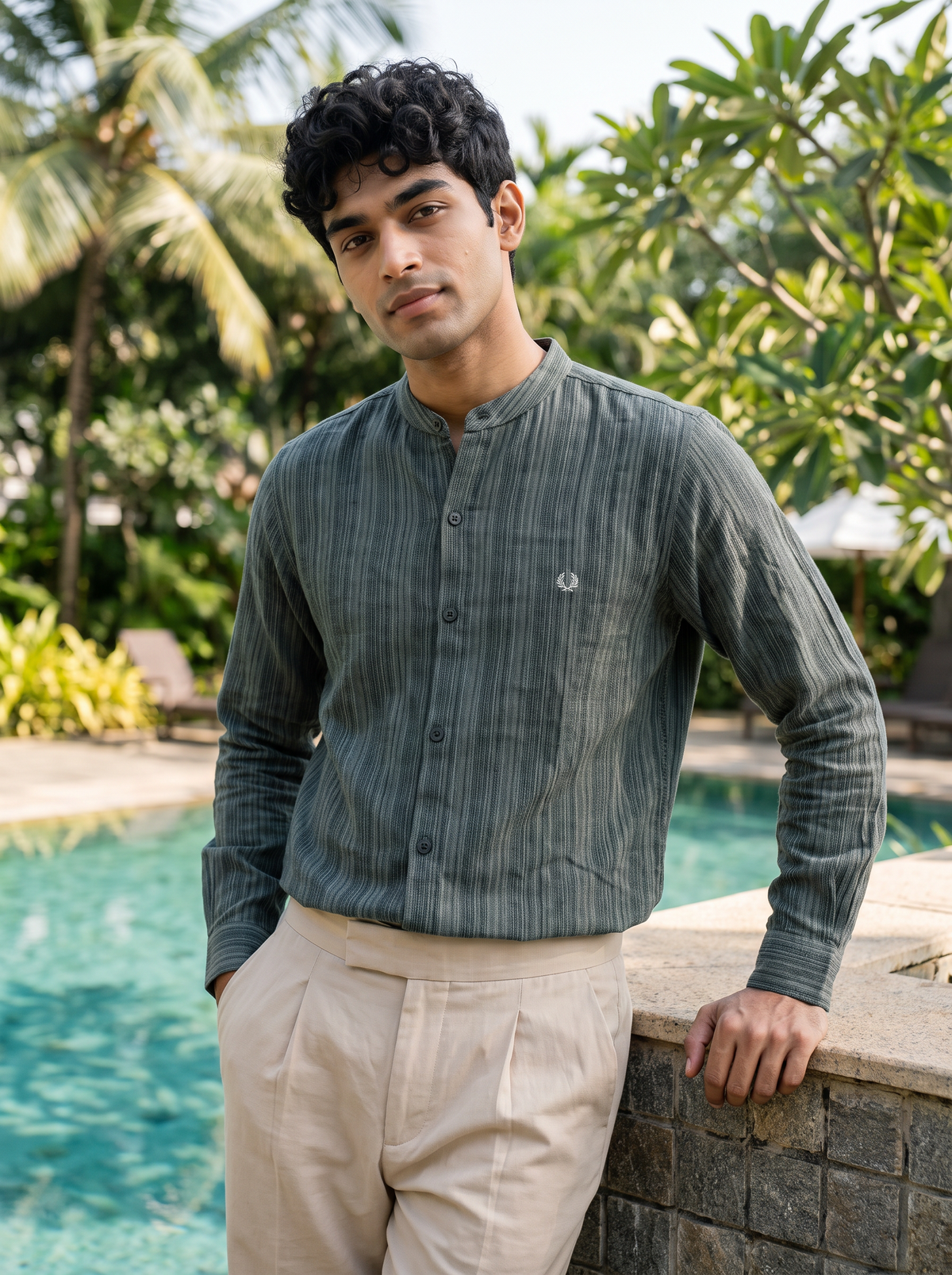 Men’s Textured Striped Mandarin Collar Shirt – Dark Teal