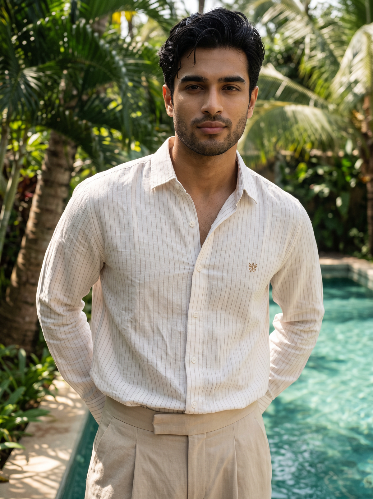 Men’s Pinstripe Casual Shirt – White & Beige
