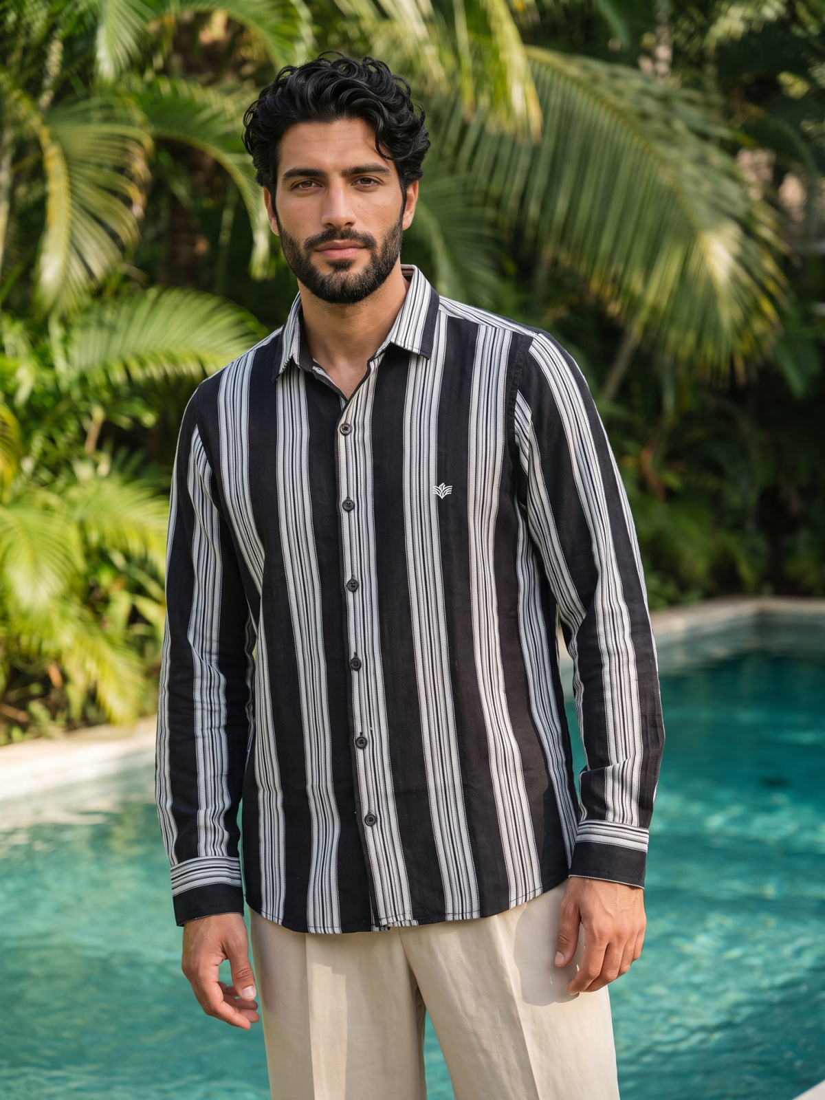 Men's Black Vertical Striped Casual Cotton Shirt