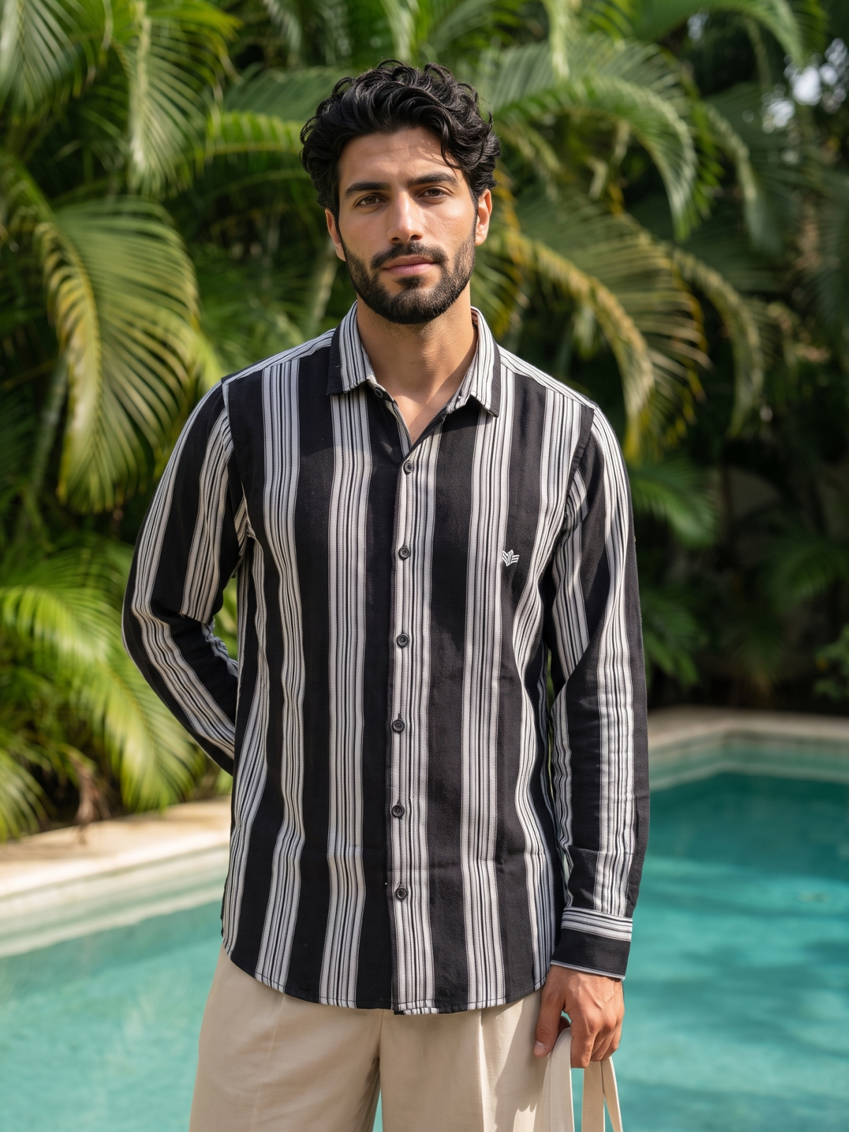 Men's Black Vertical Striped Casual Cotton Shirt