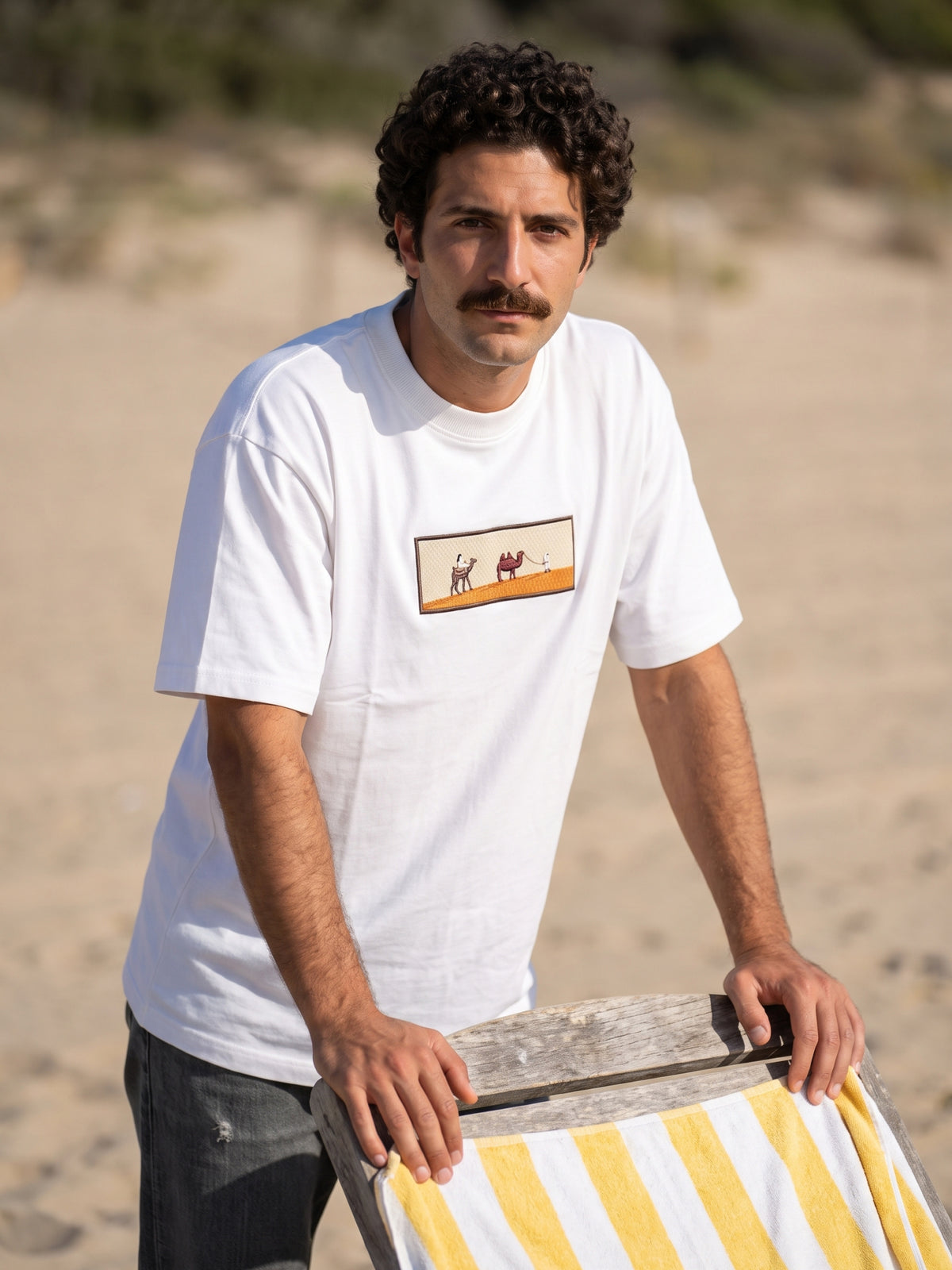 Men's Premium Oversized T-Shirt with Desert Camel Graphic Patch - White