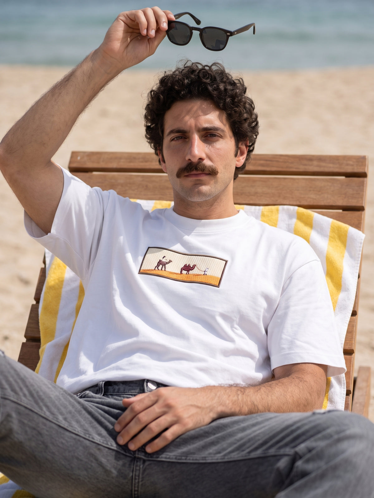 Men's Premium Oversized T-Shirt with Desert Camel Graphic Patch - White