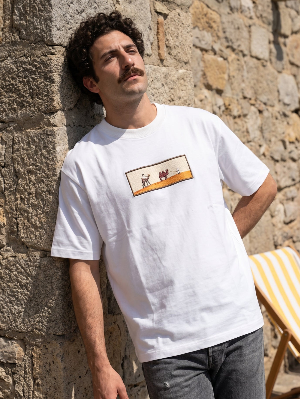 Men's Premium Oversized T-Shirt with Desert Camel Graphic Patch - White