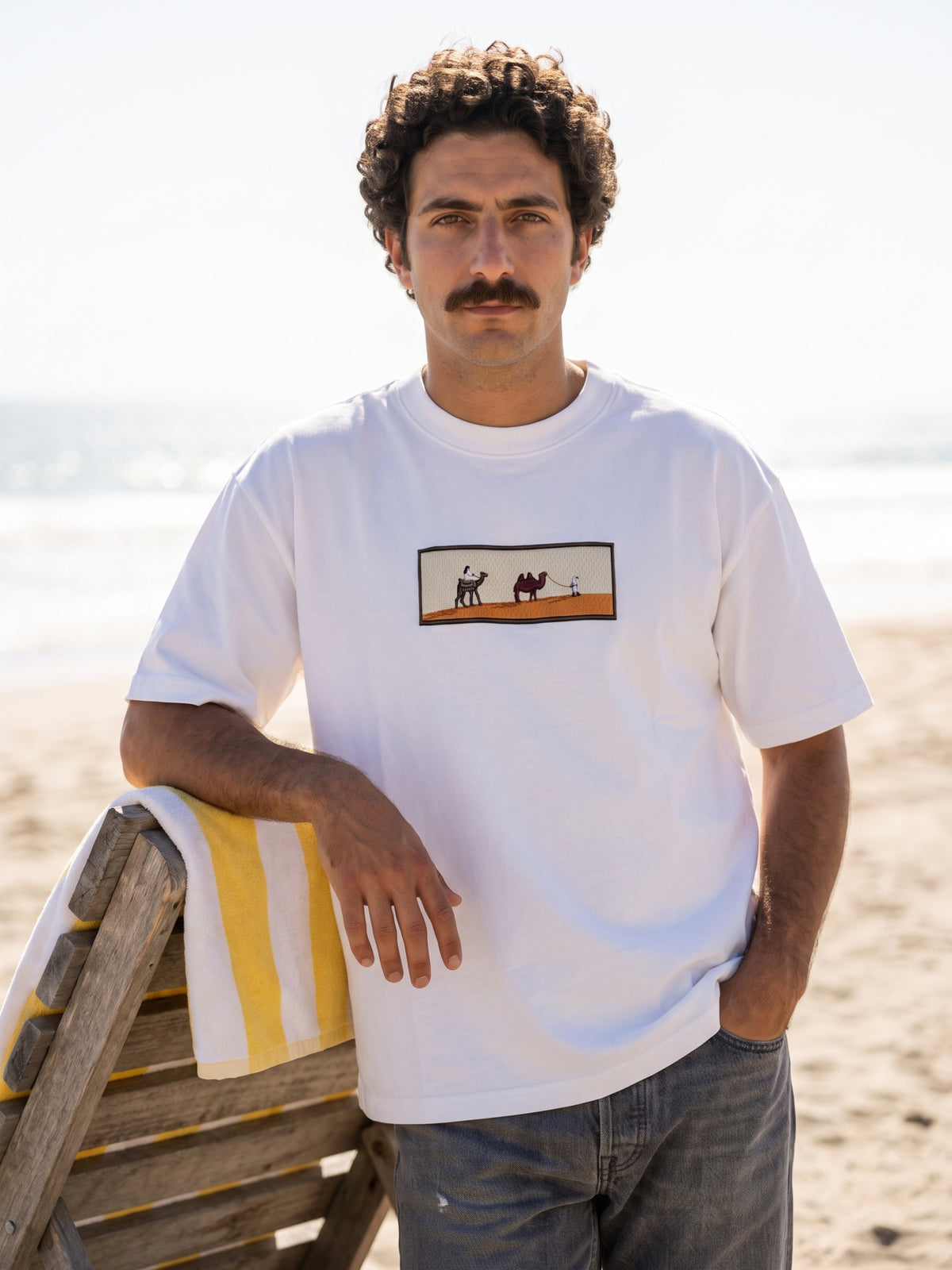 Men's Premium Oversized T-Shirt with Desert Camel Graphic Patch - White