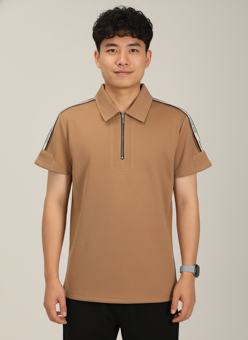 Men's Khakhi Premium Shoulder-Stripe Zip Polo T-Shirt