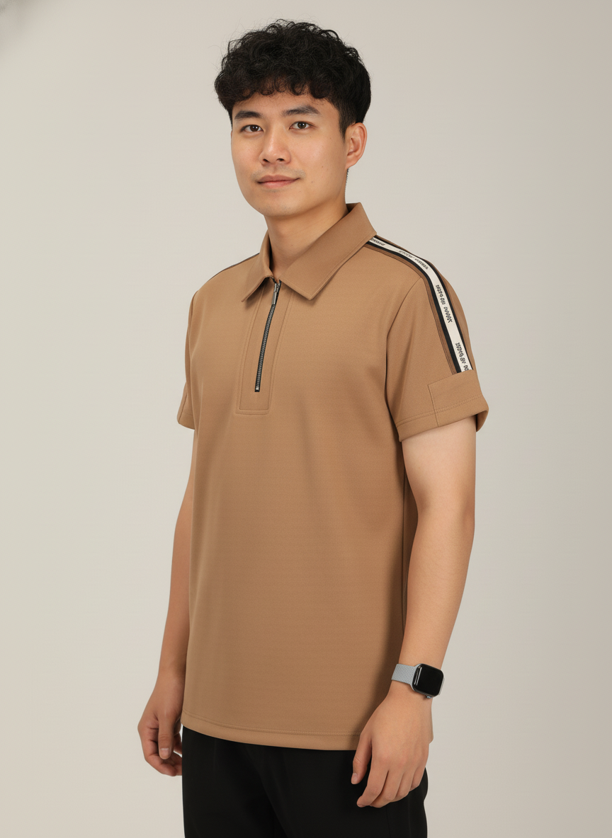 Men's Khakhi Premium Shoulder-Stripe Zip Polo T-Shirt