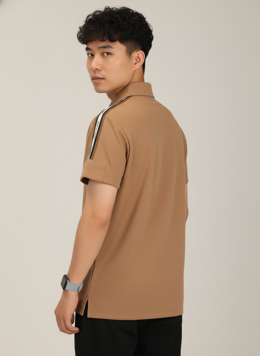 Men's Khakhi Premium Shoulder-Stripe Zip Polo T-Shirt