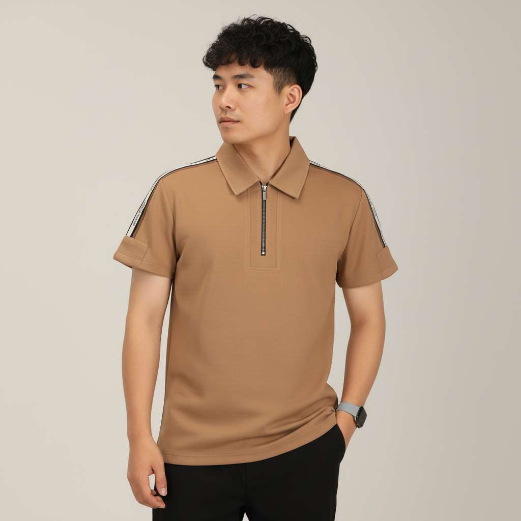 Men's Khakhi Premium Shoulder-Stripe Zip Polo T-Shirt