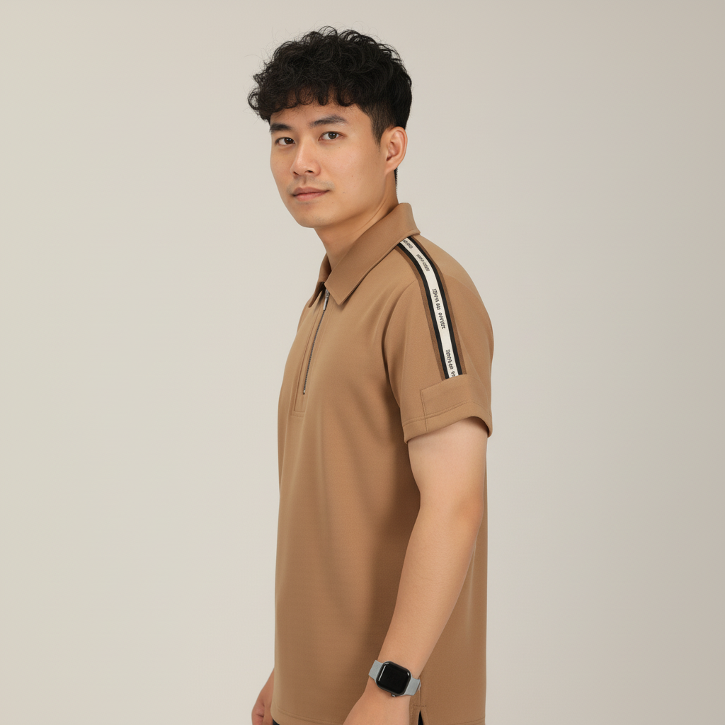 Men's Khakhi Premium Shoulder-Stripe Zip Polo T-Shirt