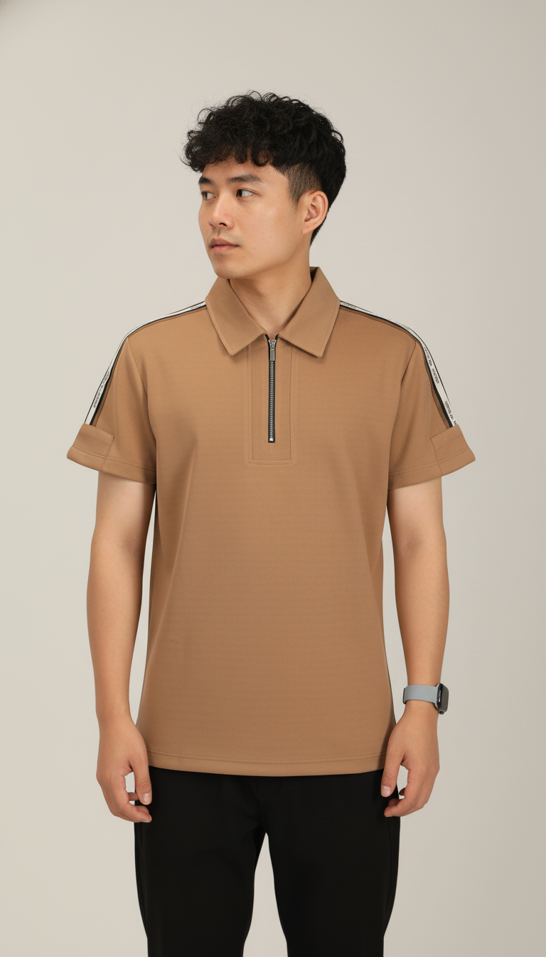 Men's Khakhi Premium Shoulder-Stripe Zip Polo T-Shirt