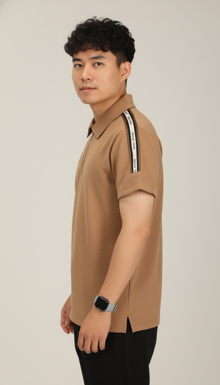 Men's Khakhi Premium Shoulder-Stripe Zip Polo T-Shirt